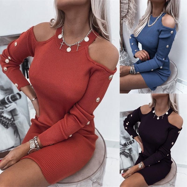 Women's Fashion Casual Round Neck Long Sleeve Dress Autumn Winter Off Shoulder Knitted Skirts Nightclub Skirts