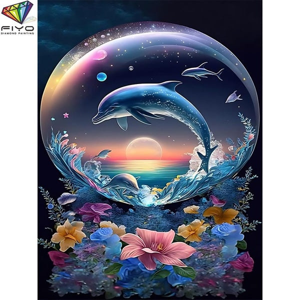 FIYO Dolphins and Flowers DIY 5D Diamond Painting Full Drill with Number Kits Home and Kitchen Fashion Mosaic Diamond Painting Canvas Wall Decoration
