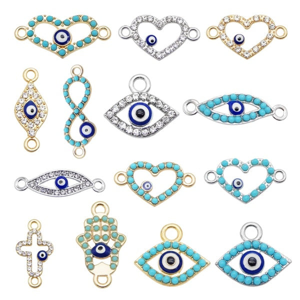 14PCS Lucky Evil Eye Charms Virgin Mary Necklace Pendant Zircon Hamsa Hand Connector for Jewelry Making Heart Earrings Crafts