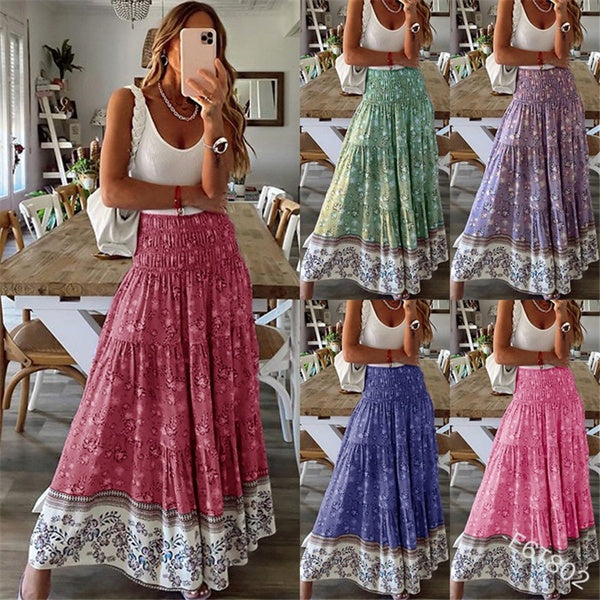 Women Fashion Floral Print Long Skirts Summer High Waist Pleated Bohe Skirts