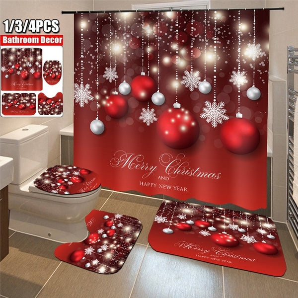 1-3-4PCS Bathroom Decor Merry Christmas Snowflake Red Waterproof Shower Curtain Set Anti-Slip Base Carpet Toilet Cover Bath Mat