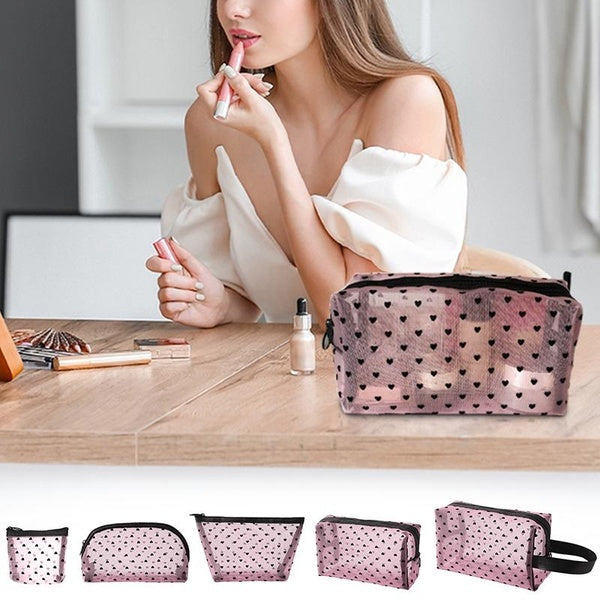 Heart Makeup Bag, Cute Heart Mesh Cosmetic Bag High Capacity Mesh Makeup Bag With Zipper Toiletry Makeup Pouch Portable Travel Zipper Pouch For Women
