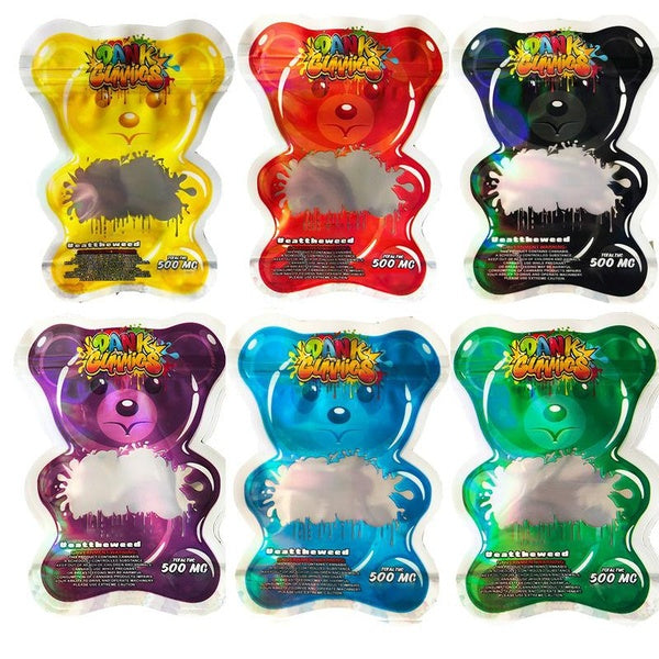 20-50-100pcs Newest 500mg Dank Gummies Bear Shaped Resealable Mylar Bags Smell-proof Gummies Candy Ziplock Pouchs Empty Food Storage Bags