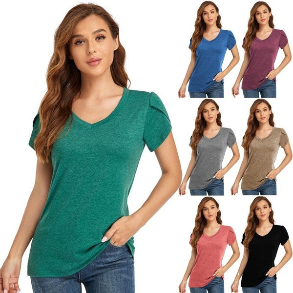 Female Clothes Women's Casual Solid Color Loose Shirts Fashion Short Sleeve V Neck Blouses for Ladies
