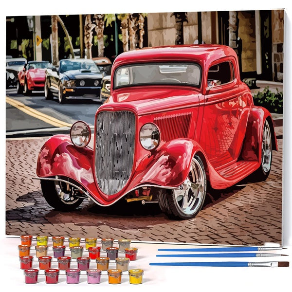Red Car FIYO Diy Oil Paint by Numbers Kits for Adults and Kids Beginner on Canvas Fashion Oil Painting Wall Art for Gift( No Frame )