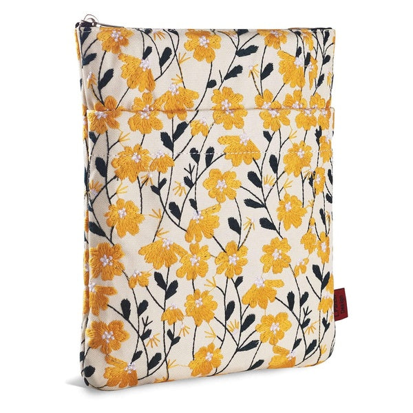 LParkin Daisy Flower Embroidery Book Sleeve with Zipper for Readers Protector Cover Gift for Book Lovers, 11x 8.5 Inch Washable Fabric, Daisy Yellow