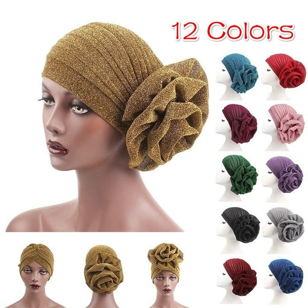 Retro Fashion Big Flower Glitter Turban Hat Muslim Indian Cap Women Head Wrap Headwear