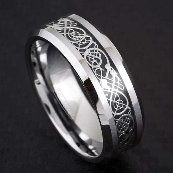 Luxury Jewelry Accessories 8mm Silver - Black Tungsten Wedding Ring Celtic Dragon Titanium Steel Rings for Men