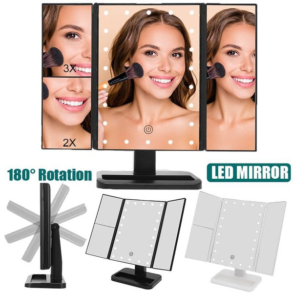 16" 22 LED Makeup Mirror, Two Power Supply Touch Screen and 1x-2x-3x Magnification Brightness Adjustable Tri-Fold Vanity Mirror, Nice Gifts