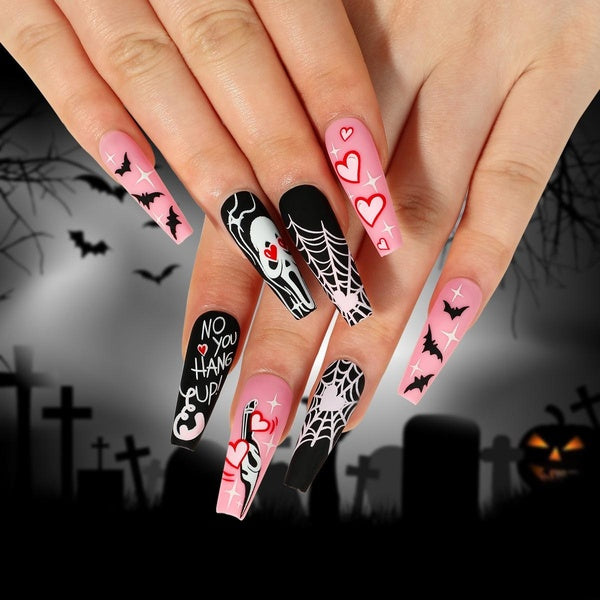 3D Halloween Fake Nails Accessories Spider Halloween Heart Ghost Long French Coffin Tips Faux Ongles Press on False Nails