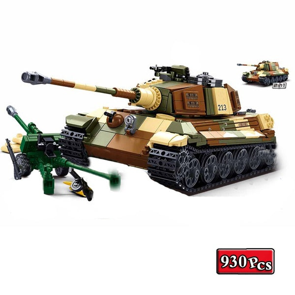 2 in 1 Military Series World War II Germany The King Tiger Heavy Tank Collection Ornament Building Blocks Bricks Toys Gifts