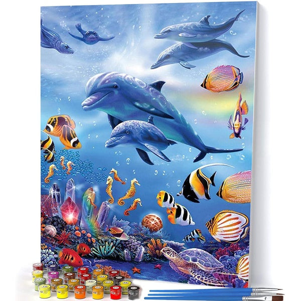 （Underwater dolphin）FIYO Diy Oil Paint by Numbers Kits for Adults and Kids Beginner on Canvas Fashion Oil Painting Wall Art for Gift( No Frame )