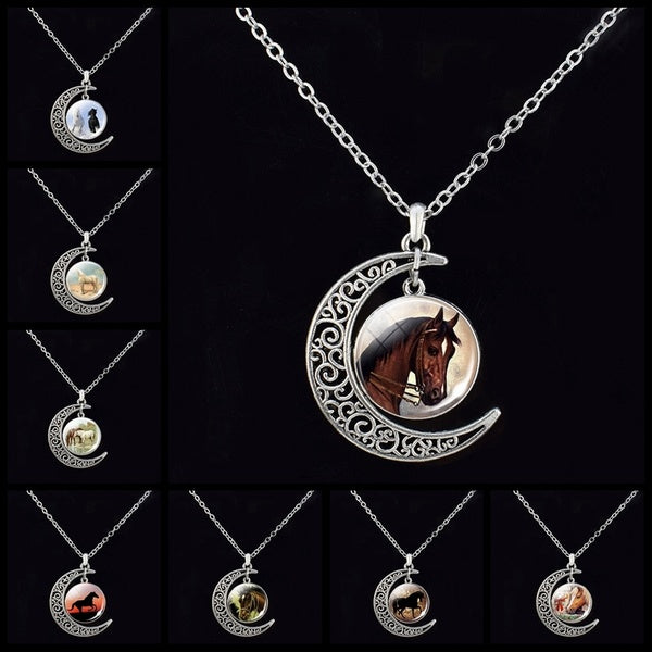 Horse Head Necklace Charm Crescent Moon Necklace Pendant Glass Cabochon Animal Jewelry Horse Choker Chain
