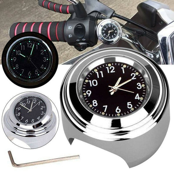7-8" 1" Motorcycle Bike Black Chrome Waterproof White Dial Handlebar Clock Glow Watch
