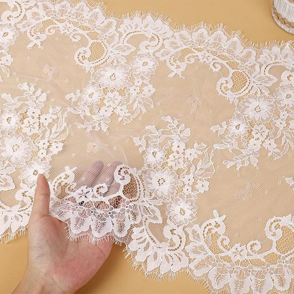 Embroidery Eyelash Lace Fabric By The Yard for Sewing Craft French Ribbon Trim Fabric Headdress Curtain Bedding Accessories (Black, White) 40 X 180cm