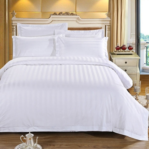 Pure White Stripes Hotel Bedding Set Polyester Fabric Bed Linen Cover Set Flat Sheet Pillowcases 3-4pcs Bedclothes