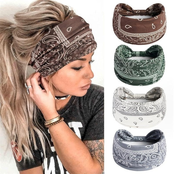 Bandeaux Boho pour femmes, bandeaux de cheveux larges extensibles à la mode, turban à naud, bandeau de yoga, de course à pied, bandeau élastique élég