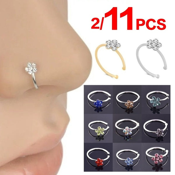 2-11PCS Women Fashion New Puncture Jewelry Silver Plum Blossom C-type Point Drill Nose Ring Nose Nail 11 Colors