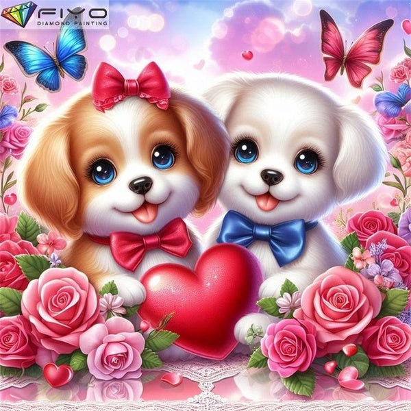 FIYO Couple Puppy DIY 5D Diamond Painting Full Drill with Number Kits Home and Kitchen Fashion Mosaic Diamond Painting Canvas Wall Decoration Gift Cr