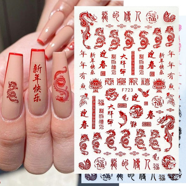 3D Red Dragon Chinese New Year Nail Decoration Art Stickers Colorful Money Snake Character Sliders Manicure Decals GLF720-723