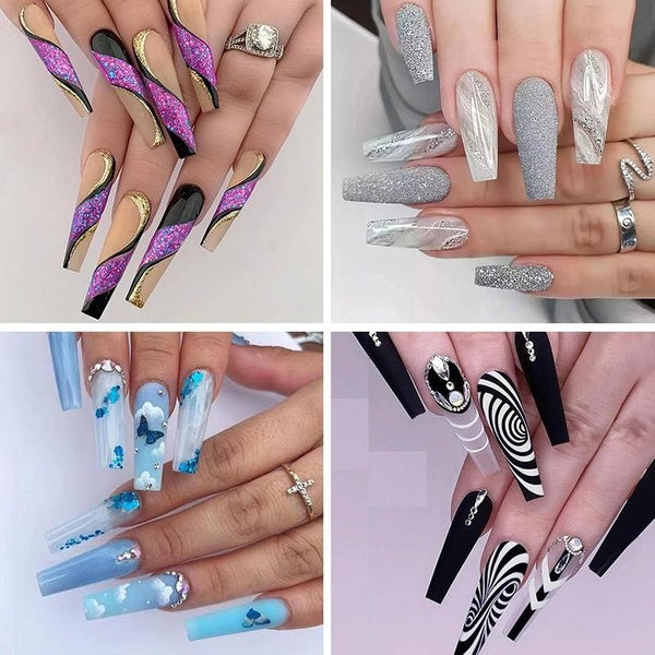 24Pcs Gray Almond Marbling Fake Nails Blue Butterfly Removable False Nails with Glue Giltter Purple Ballet Coffin Wearing Reusable Artificial Nails