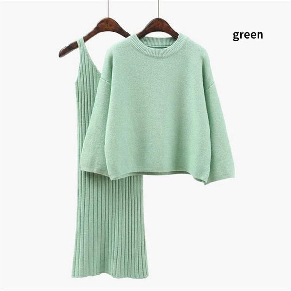 Autumn and Winter Two-piece Women's Loose Sweater Suit Solid Color Pullover Sweater Suspenders Long Skirt 6 Colors