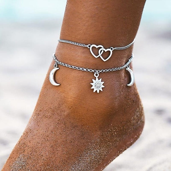 Ankle Bracelets for Women Boho Beach Anklets Foot Chains Sun Moon Double-Layer Beads Foot Jewelry Adjustable Foot Accessories Romantic Gift for Mom,G Matron Inn