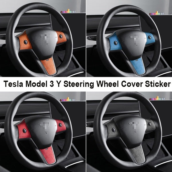 Alcantara Suede Wrap Leather Sticker For Tesla Model 3 Y Steering Wheel Cover Trim Emblem Decal Car Styling Accessories