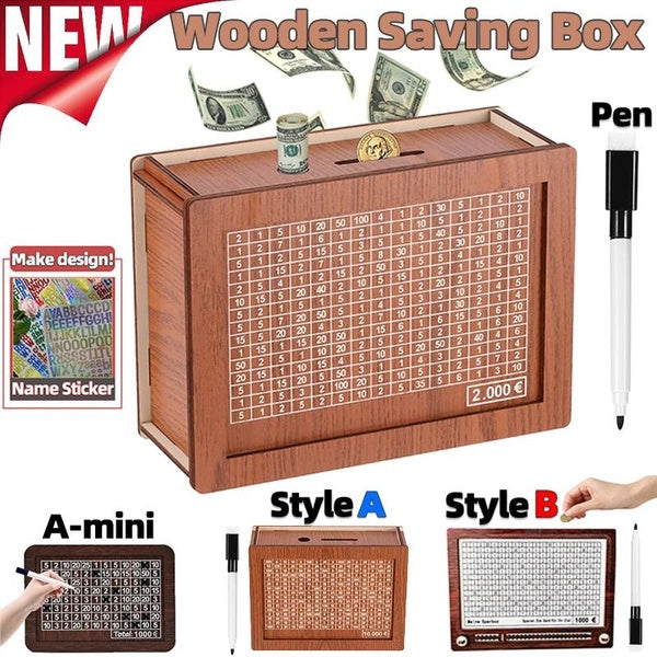 Tirelire en bois 2 styles, boîte d'épargne, compteur d'objectifs de pièces de monnaie avec autocollants de nom, fait à la main, pot personnalisé rétr