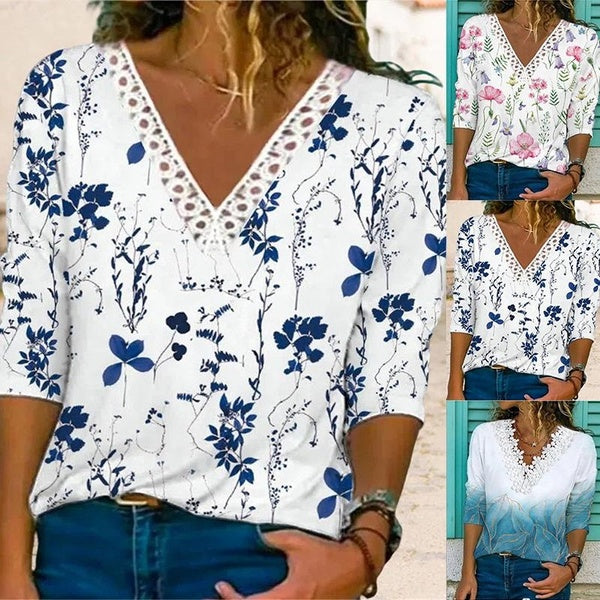 Women's Casual Blouses Lace Floral Printed Shirts V-neck Long Sleeve Comfortable Loose Plus Size Tops S-5XL