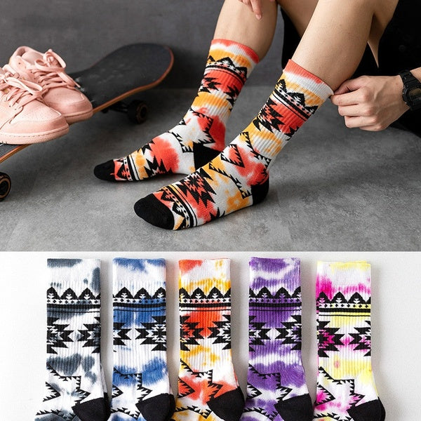 1 Pair Men's Fashion Geometry Pattern Tie Dye Socks Middle Tube Terry Basketball Socks Absorbsweat Cycling Running Hiking Soprts Socks