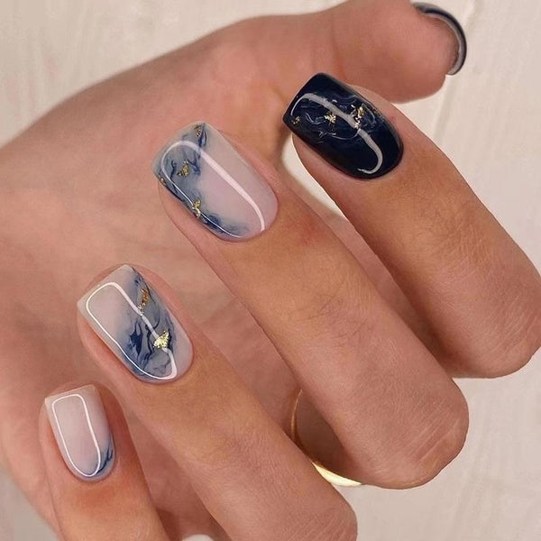 24 PCS French Fake Nails Medium Length Press on Nails Navy Blue with Marble Design Glossy Wearable Artificial Nail Tips for Women & Girls At Home and