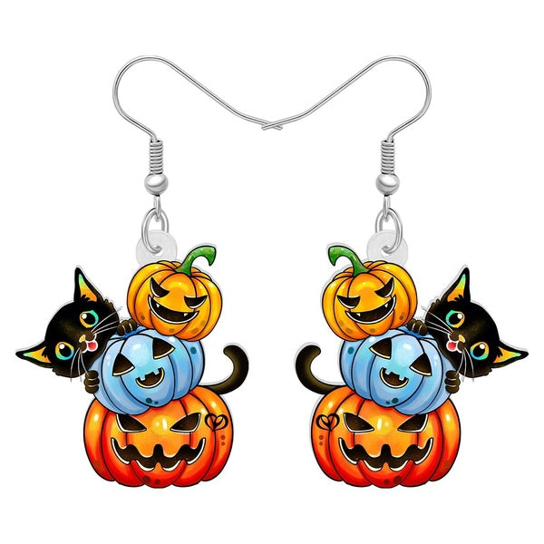 Acrylic Funny Stacked Pumpkin Black Cat Kitten Drop Dangle Earrings Jewelry For Women Kids Girls Charms Gifts Halloween Decorations