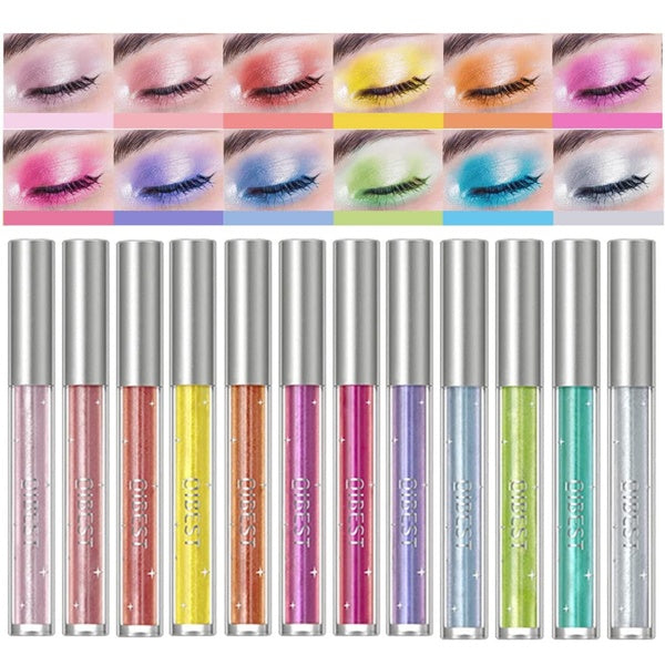 12 Colors Liquid Glitter Eyeshadow Set, Multi-dimensional Metallic Glitter Shimmer Smokey Eye Looks Waterproof Long Lasting Quick-Drying Sparkling Ey