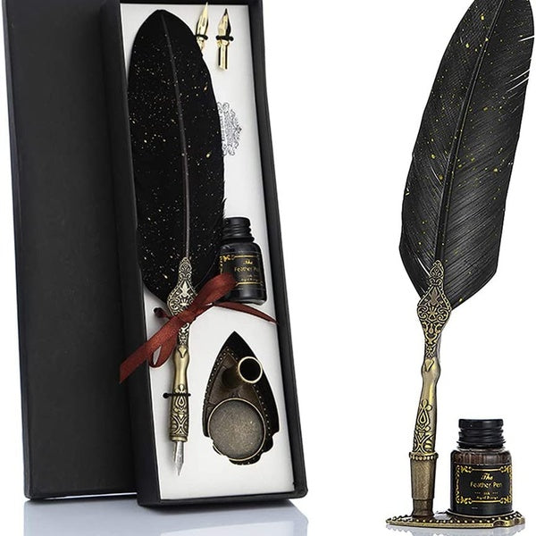 Retro Carving Feather Pen Set, Glittering Quill Pen Set Antique Calligraphy Writing Dip Pen with Ink, 2 Replacement Nibs, Pen Stand Base, Luxury Vint