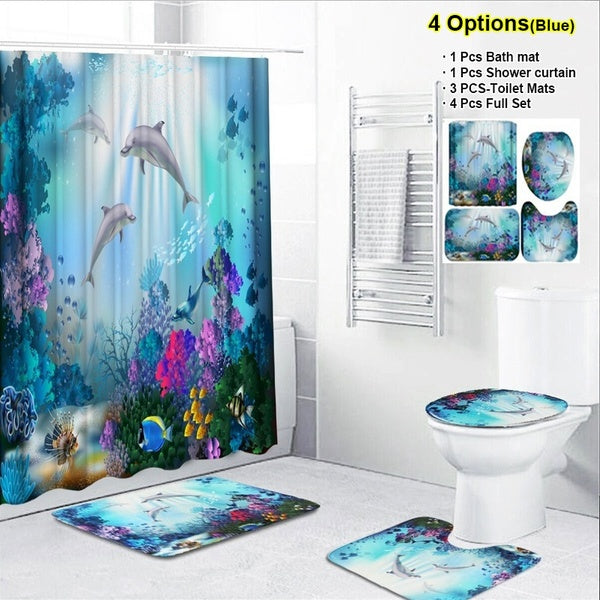 3D Blue Sea Style Dolphin Shower Curtain Set Decro Waterproof Shower Curtain+ Non Slip Bathroom Pedestal Rug + Toilet Lid Cover + Floor Mat Bath Mat