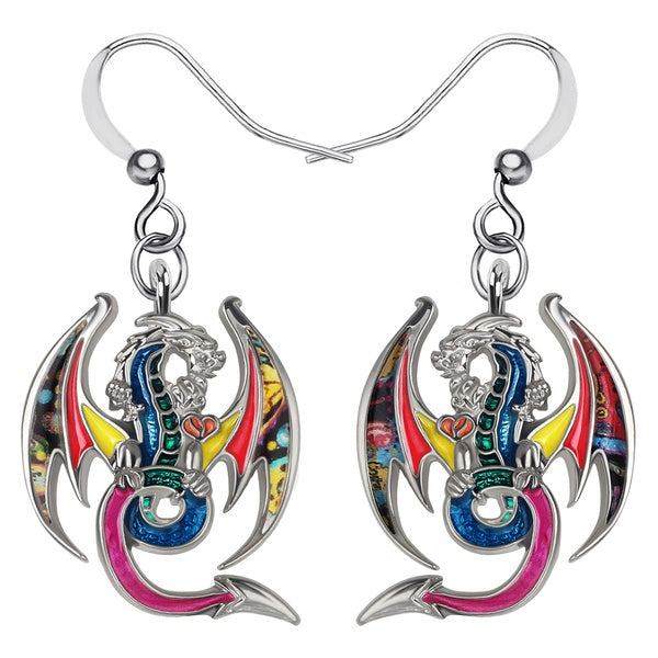 Enamel Alloy Flying Dragon Earrings Colorful Fantasy Dinosaur Drop Dangle Jewelry For Women Girls Teens Kids Trendy Charms Gifts