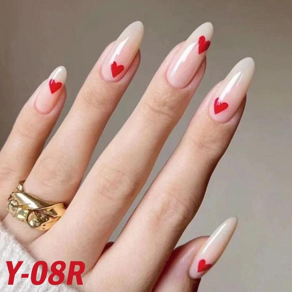 Simple Red Blue Black Love Heart Acrylic Nails Frosted Line Droplet Shaped Fake Nails With Glue Black French Pearl Press On Fake Nails for Women