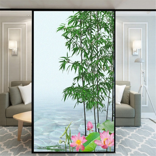 No Glue Decorative Privacy Frosted Window Film Bamboo Lotus Glass Film Privacy Window Decals Window Sticker 60 Sizes