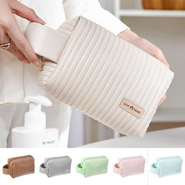 Fashion PU Leather Makeup Bag Waterproof Soft Leather Bread Shaped Travel Cosmetic Bag with Handle Large Capacity Makeup Brush Cosmetic Organizer Bag