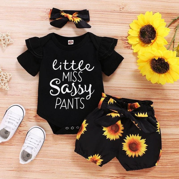 3PCS Toddler Baby Girl Outfits,Infant Short-Long Sleeve Ruffle Tops Romper Bodysuit and Sunflowers Print Shorts Pants Clothes with Headband