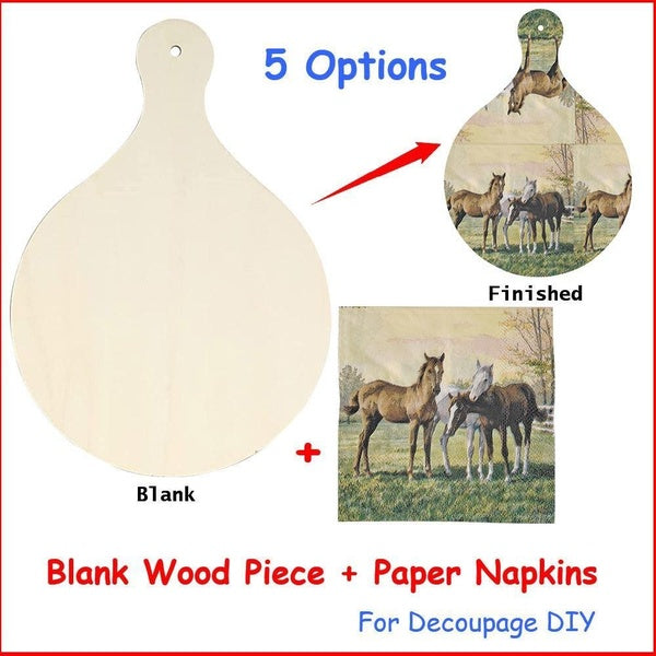 Wood DIY Crafts Blank Decoupage Wood Piece Handled Unfinished Plaque Wooden Slice Hanging Tag For DIY Craft with 10PCS Print Paper Napkins