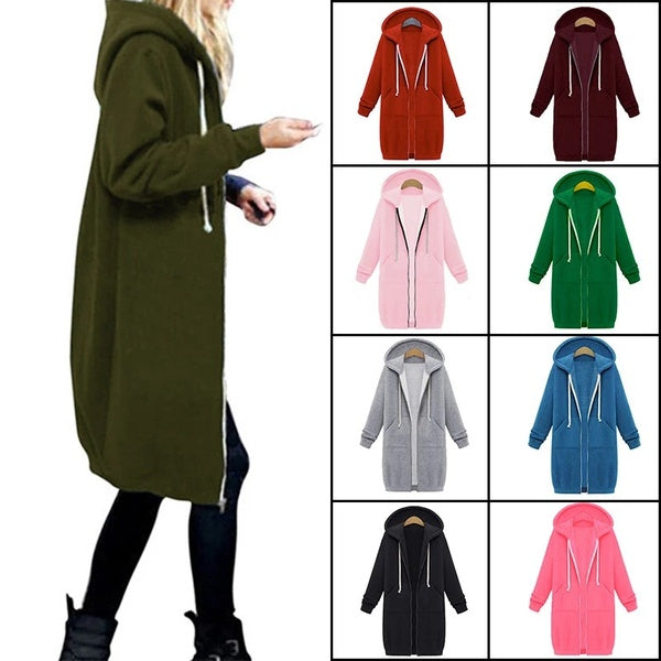 Autumn Winter Casual Women Long Hoodies Sweatshirt Coat Zip Up Outerwears Hooded Jacket Winter Pockets Plus Size Outwear Tops