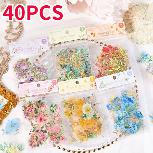 40PCS Retro Aesthetic Flower Stickers Pack Fresh Plant Hand Account DIY Material Decorative Stationery Stickers Self Adhesive forScrapbooking Journal