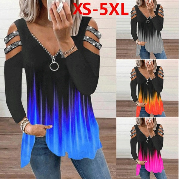 Women's Fashion Loose Casual Long Sleeved Floral Gradients Printing V-Neck Shirt & Blouses Comfy and Pliability T-shirt Tops