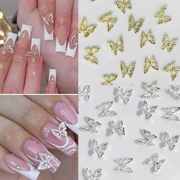10Pcs-Bag Silver Gold Alloy Y2K Butterfly Nail Charms 3D Hollow Butterfly Nail Rhinestones Shiny Jewelry for Nail Art Decorations