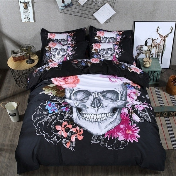 3D Skull Bedding Set Baby Single Double Full Queen King Size Sugar Skull Bedding with Flower Bed Luxury House Skeleton Duvet Cover 2-3pcs-set