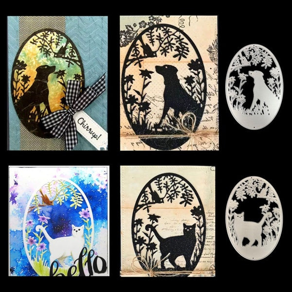 Oval Animal Dog Cat Silhouette Metal Cutting Dies For Diy Scrapbooking Embossing Album Paper Cards Making Crafts Diecuts Supplies