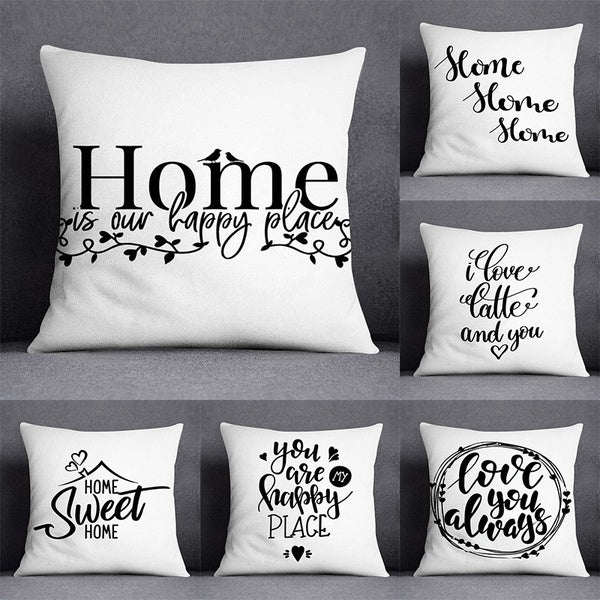 Black and white English text series pattern decorative pillowcase, square pillowcase, home office decoration (45cm * 45cm)