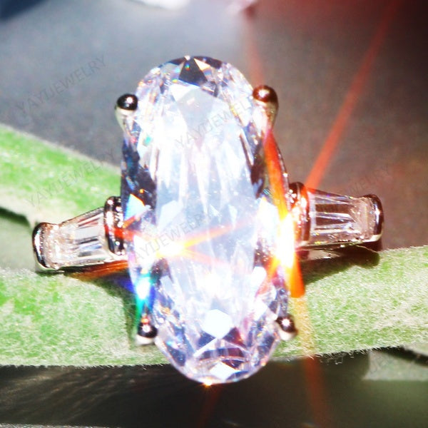 Argent Princesse Ovale Pierres Précieuses Naturelles Blanc Saphir Fleur Bague De Mariage Pierre De Naissance Mariée Bande De Fiançailles Charme Décla